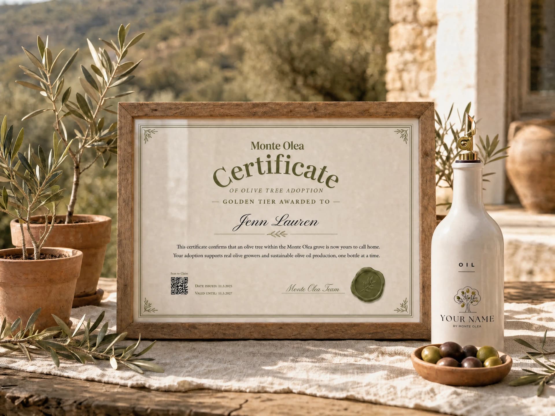 Personalized Monte Olea certificate of olive tree adoption