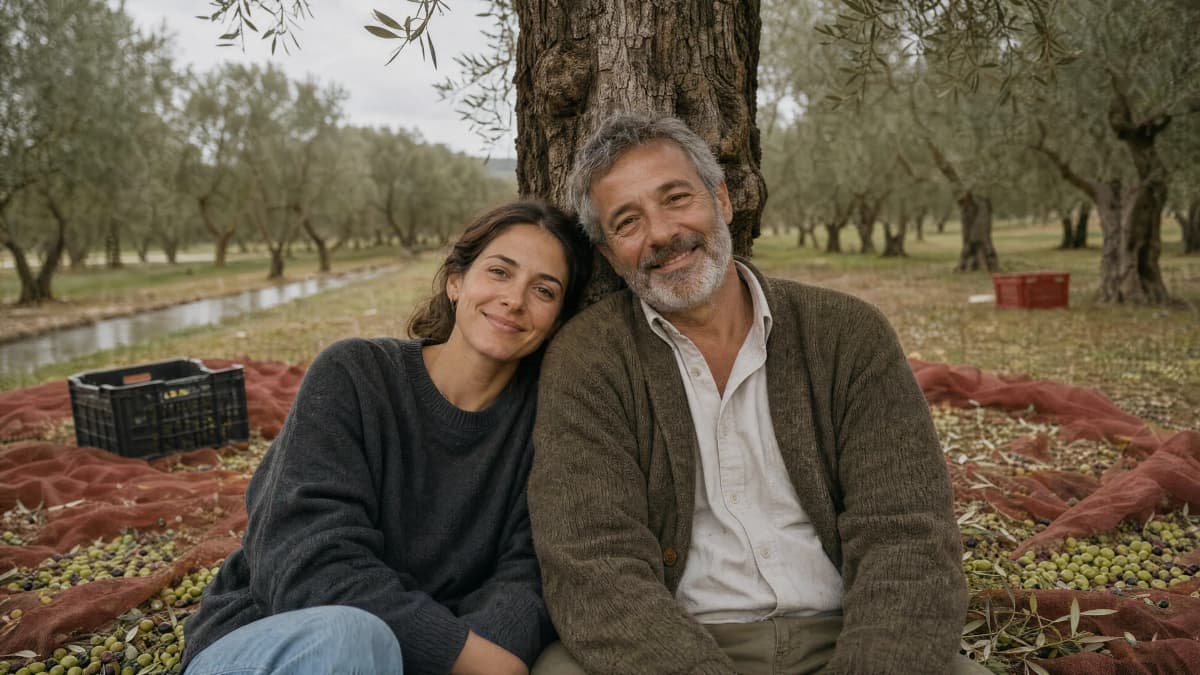 Giulia and Alessandro Moretti in their Puglia olive grove after harvest