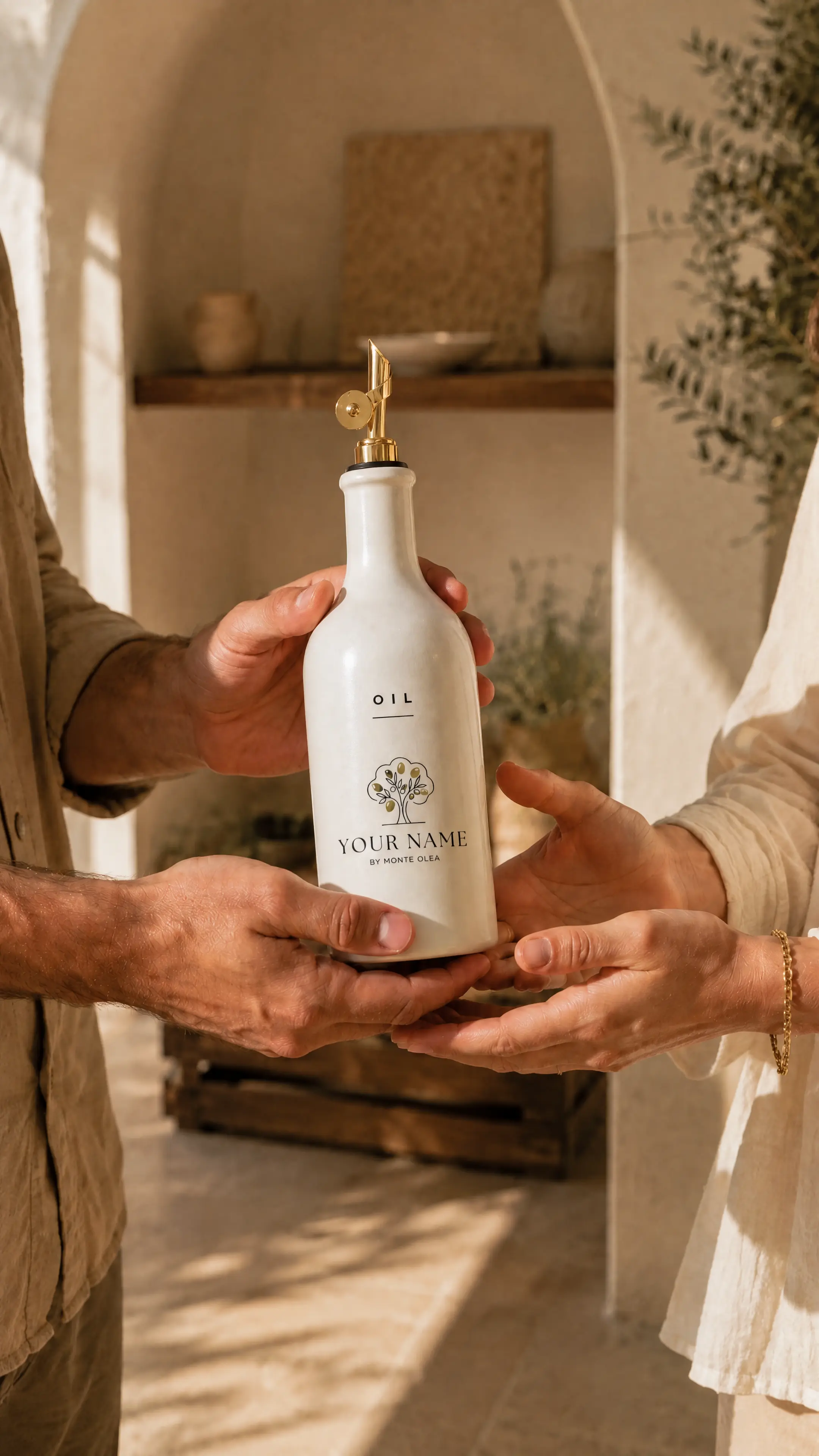 Two people passing a personalized ceramic olive oil bottle as a gift