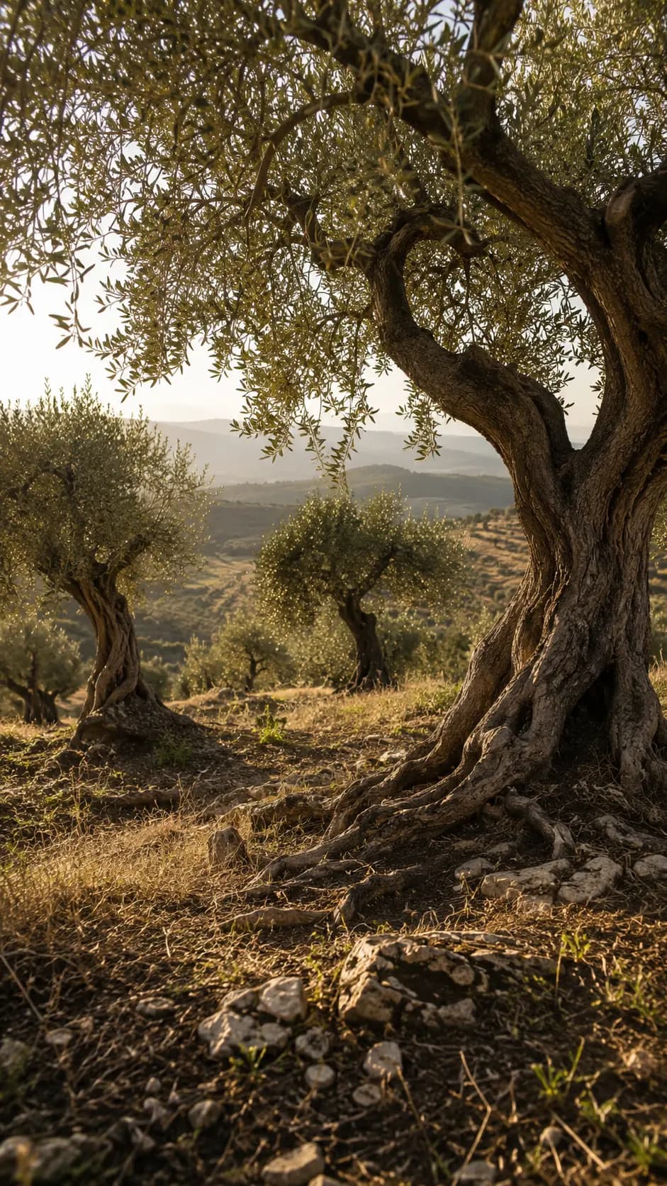 Ancient olive trees overlooking the hills of Puglia at golden hour