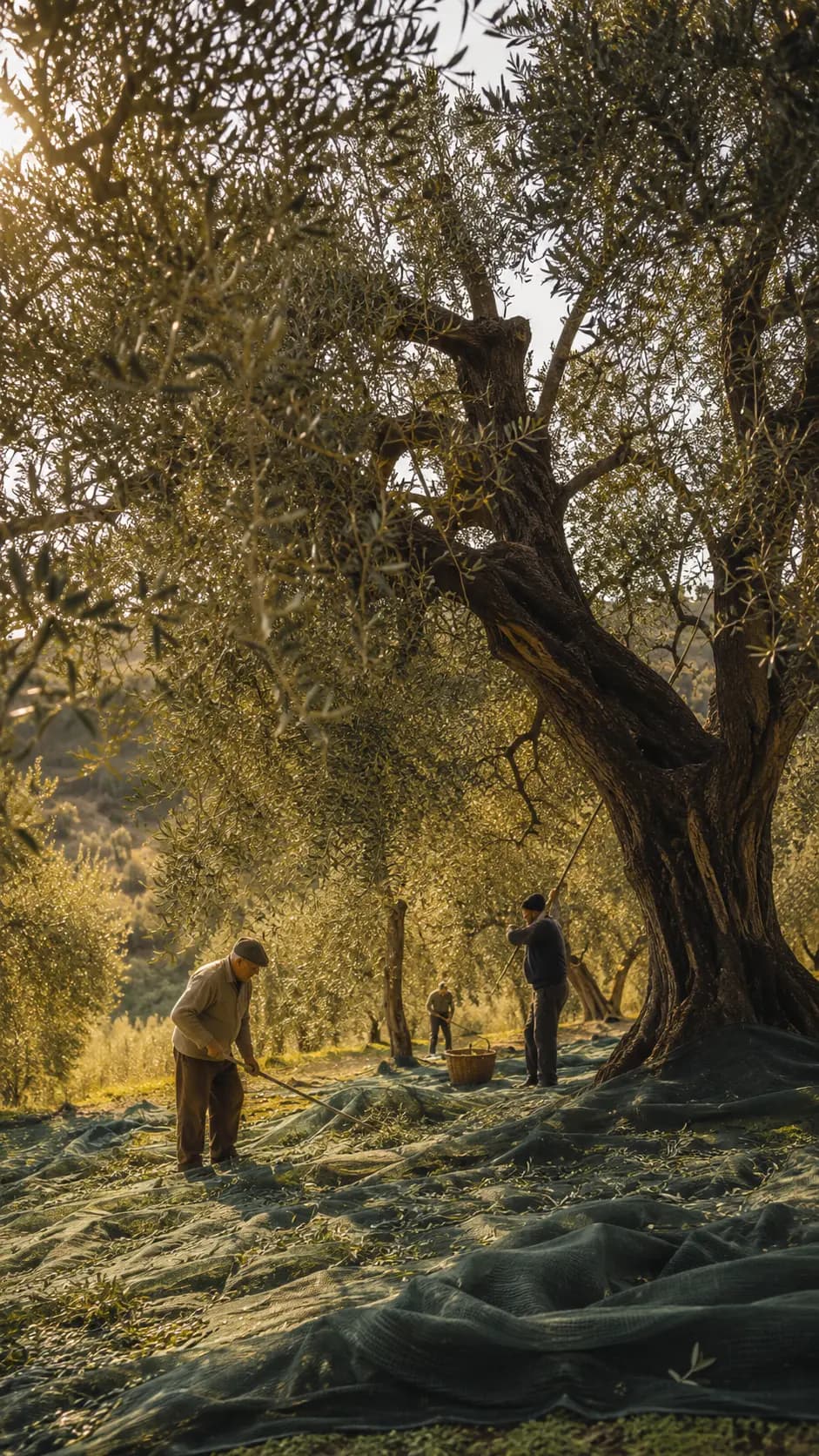 Olive growers gathering fruit beneath mature trees