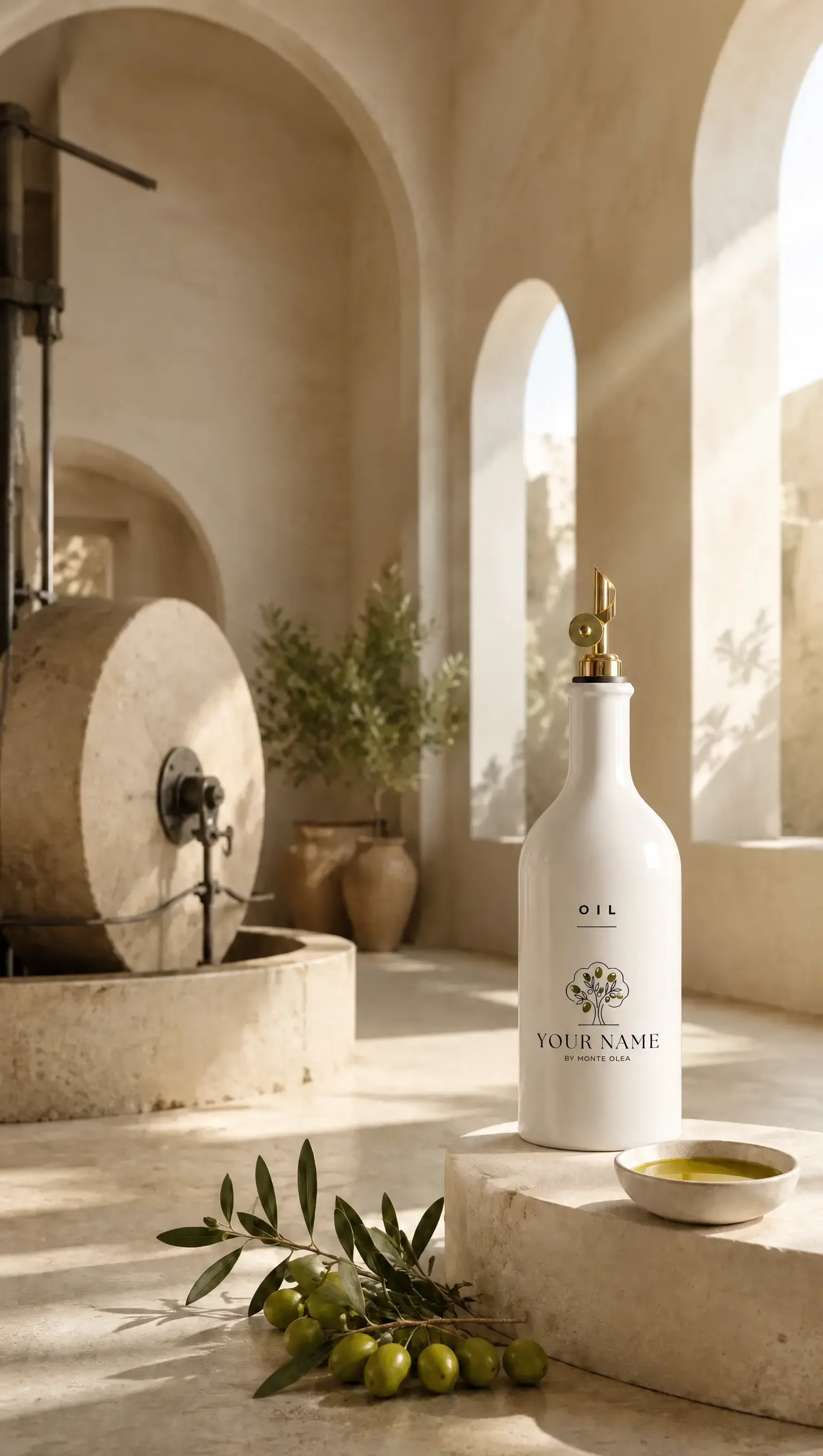 Ceramic olive oil bottle beside a traditional stone mill