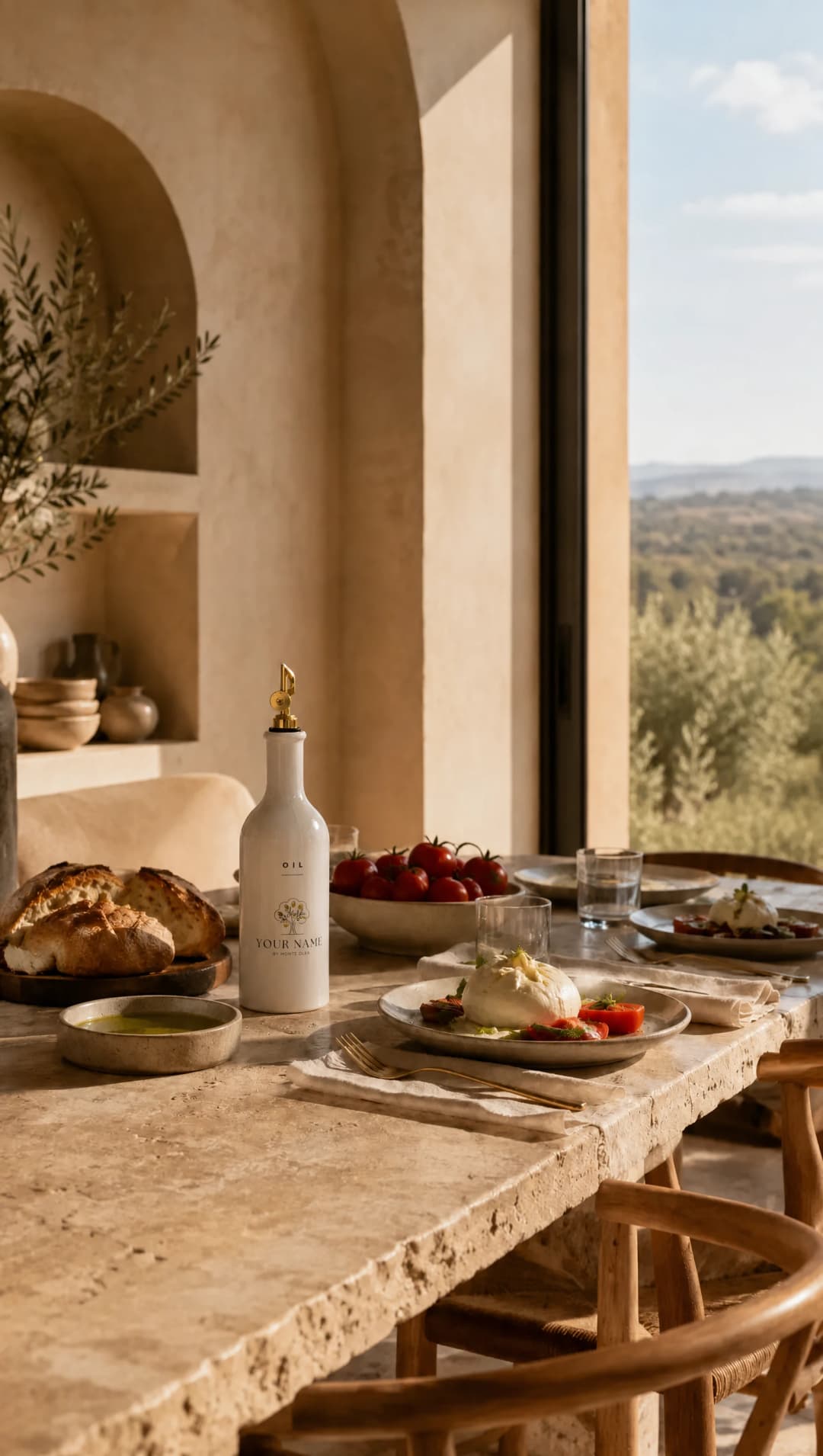 Olive oil served with bread and tomatoes at a rustic table