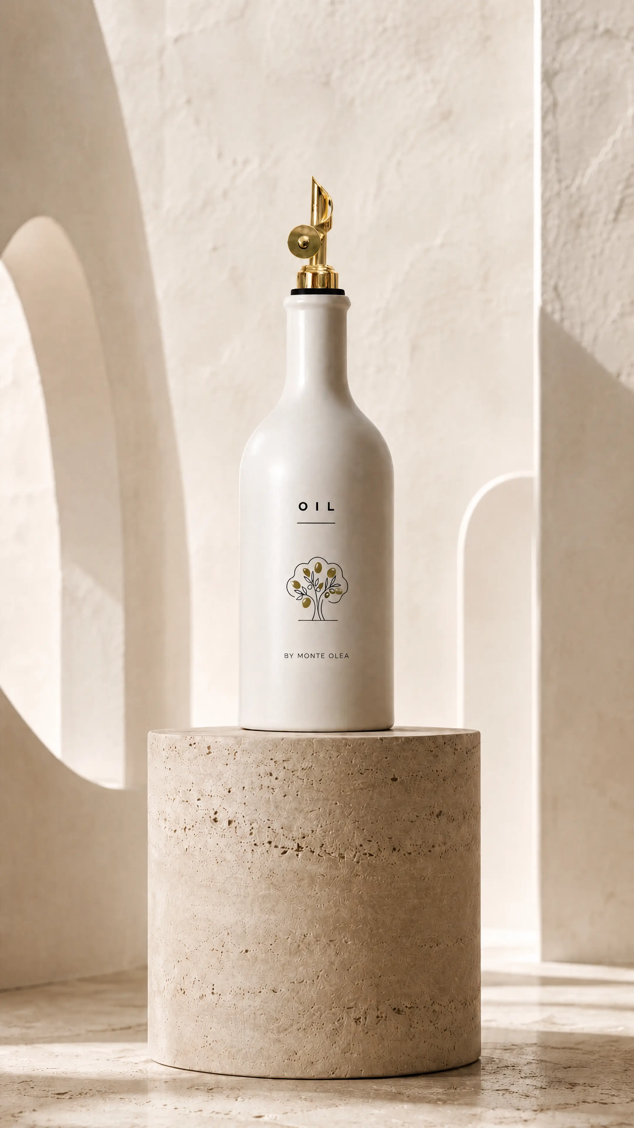 Personalized ceramic oil bottle in a warm stone interior