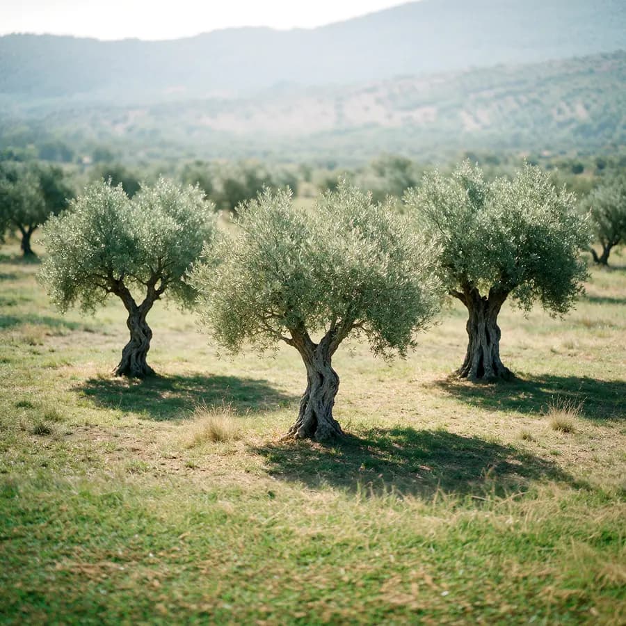Three mature olive trees together in a softly lit Italian grove